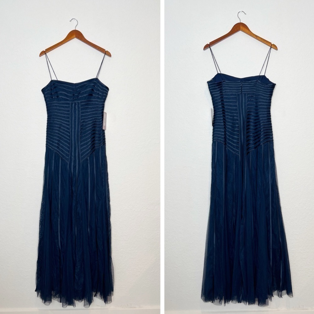 JS Collections Navy Blue Mesh Overlay Formal Gown - Picture 2 of 9